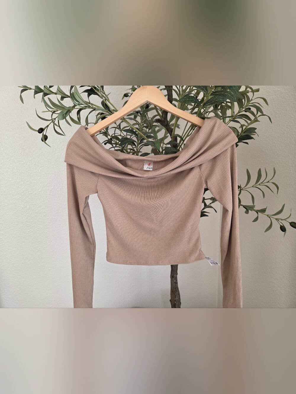 Taupe Off-the-Shoulder Ribbed Crop Long Sleeve